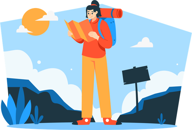 Female traveler checking map  Illustration