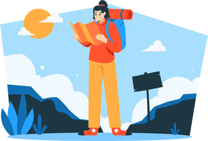 Female traveler checking map  Illustration