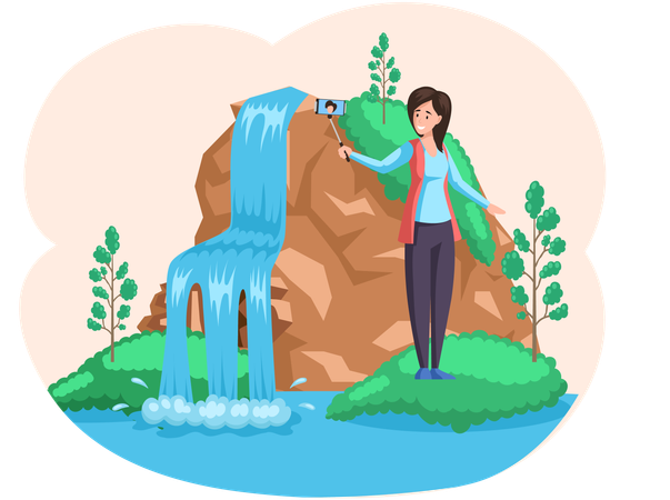 Female traveler enjoys beautiful nature and rocks  Illustration