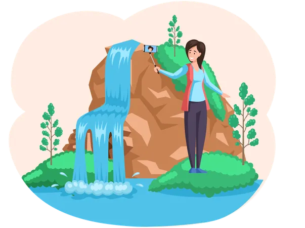 Female traveler enjoys beautiful nature and rocks  Illustration