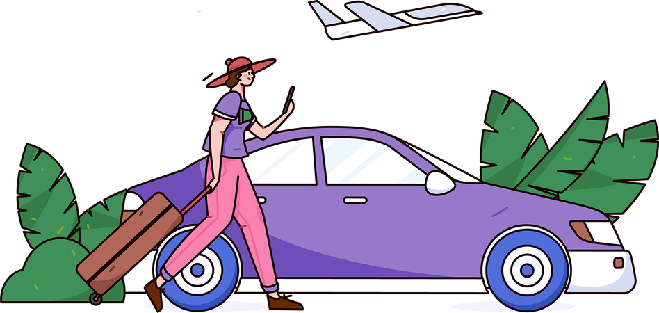 Female traveler finding car at airport using mobile  Illustration