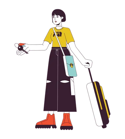 Female Traveler Holding Hotel Room Key Flat Line Color Vector Character Editable Outline Full Body Person On White Asian Tourist With Baggage Simple Cartoon Spot Illustration For Web Graphic Design Illustration