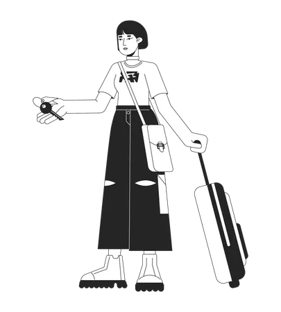 Female Traveler Holding Hotel Room Key Flat Line Black White Vector Character Editable Outline Full Body Person Asian Tourist Baggage Simple Cartoon Isolated Spot Illustration For Web Graphic Design Illustration