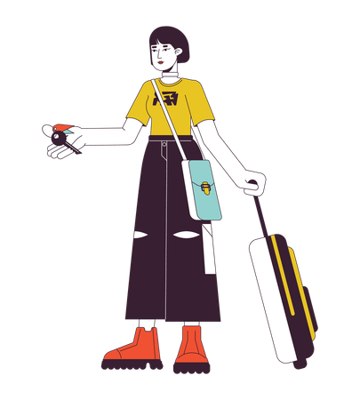 Female traveler holding hotel room key  Illustration