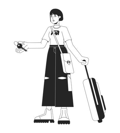 Female traveler holding hotel room key  Illustration