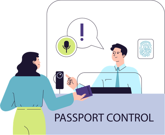 Female traveler provides documents to security personnel  Illustration