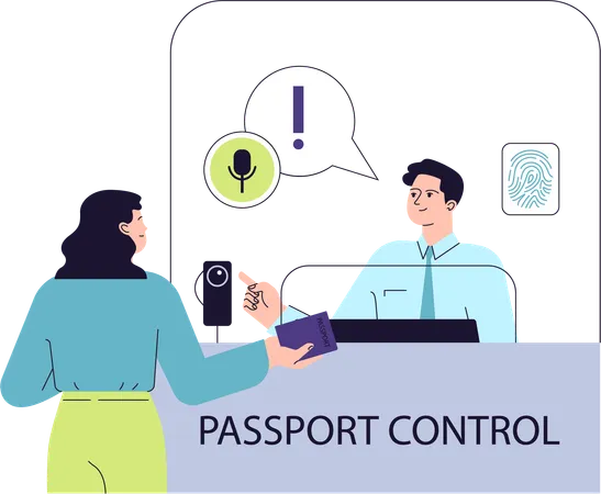 Female traveler provides documents to security personnel  イラスト