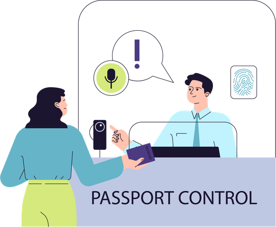 Female traveler provides documents to security personnel Illustration