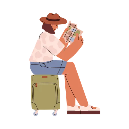 Female traveler sits on suitcase and studies map  Illustration