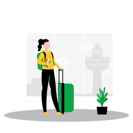 Female traveler standing with luggage in airport  Illustration