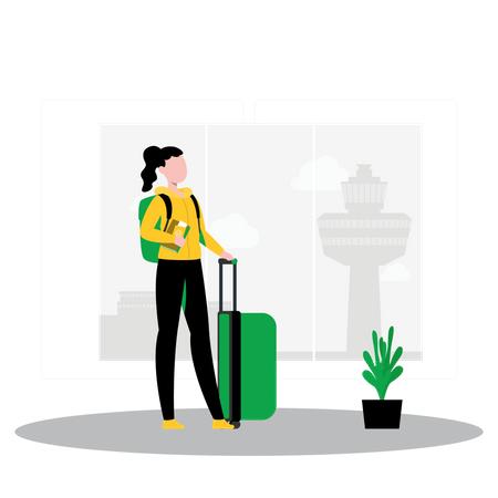 Female traveler standing with luggage in airport  Illustration