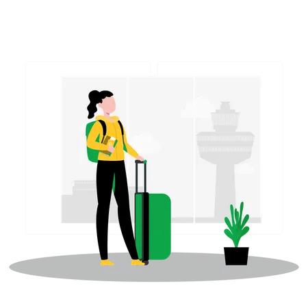 Female traveler standing with luggage in airport  Illustration