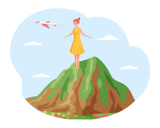 Welcome To Jeju Island In South Korea Local Jeju Architecture And Landmark Korean Culture Female Traveler Stands On Top Of Green Mountain Famous Attraction Travel By Plane Extreme Journey Illustration