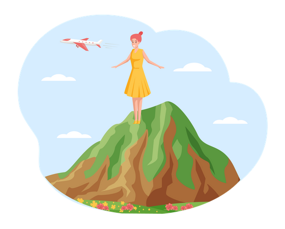 Female traveler stands on top of mountain  Illustration