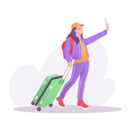 Female Traveler Taking Selfie  Illustration