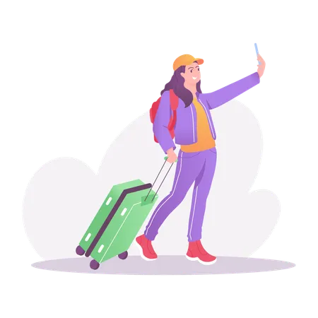 Female Traveler Taking Selfie  Illustration