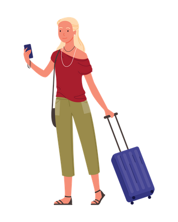 Female Traveler taking selfie with luggage  Illustration
