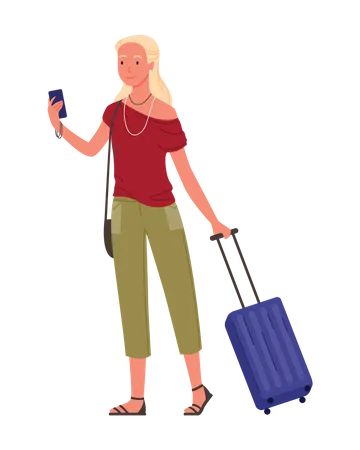 Female Traveler taking selfie with luggage  Illustration