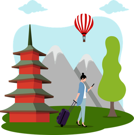 Female traveler traveling in china  Illustration