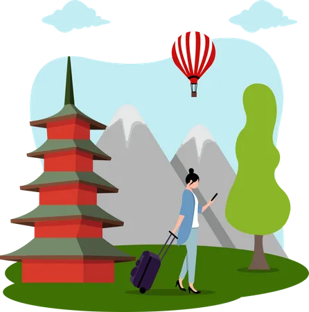 Female traveler traveling in china  Illustration