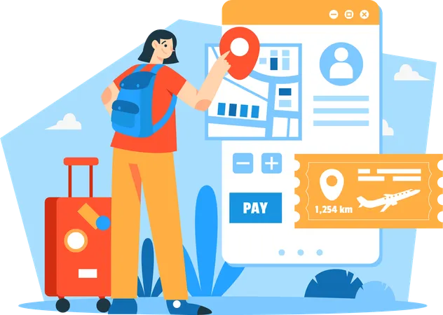 Female traveler use smartphones for their needs  Illustration