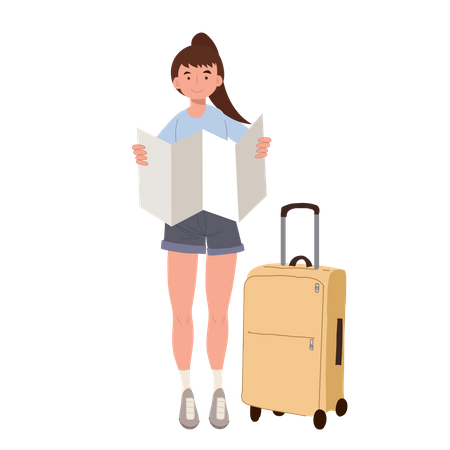 Female traveler with luggage using map  イラスト