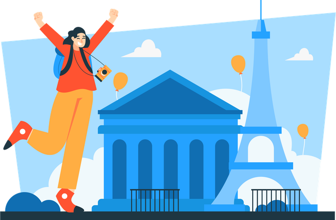Female travelers arrive at tourist attractions  Illustration
