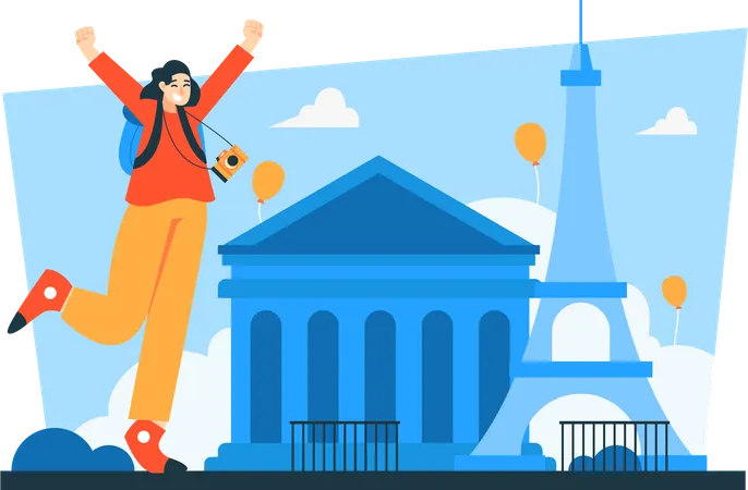 Female travelers arrive at tourist attractions  Illustration