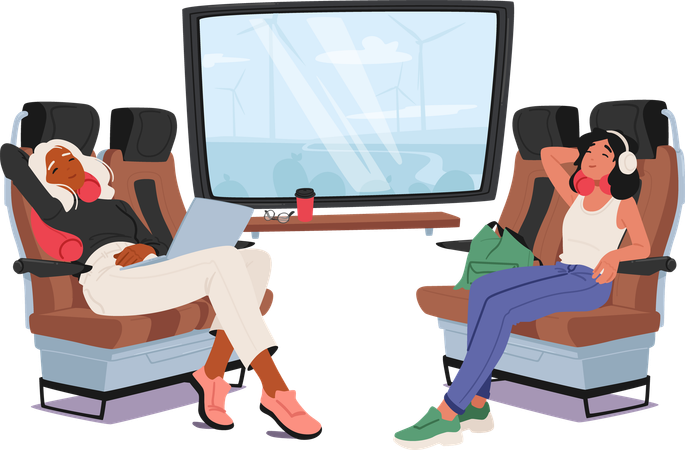 Female Travelers On Train With Neck Pillows  Illustration