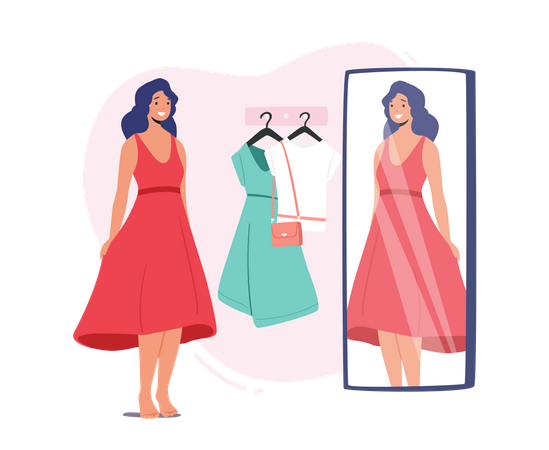 Female Trying on Clothes in Dressing Room at Store Illustration