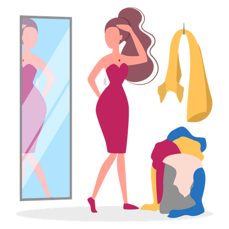 Female Trying on Clothes in Dressing Room at Store Illustration