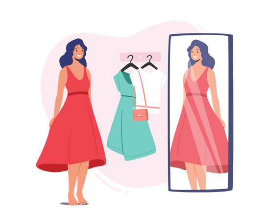 Female Trying on Clothes in Dressing Room at Store  Illustration