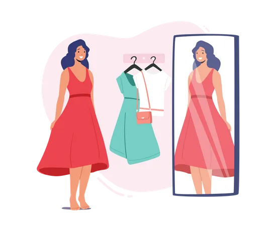 Female Trying on Clothes in Dressing Room at Store  Illustration