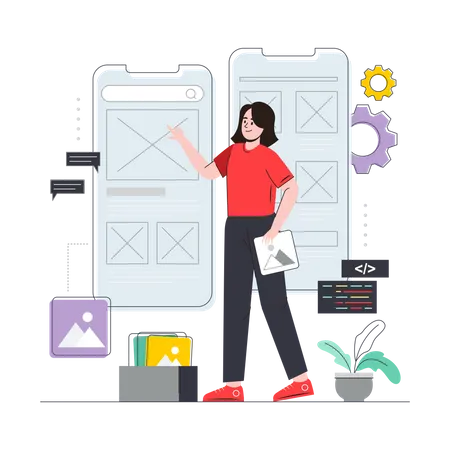Female UI-UX designer working on application design  Illustration