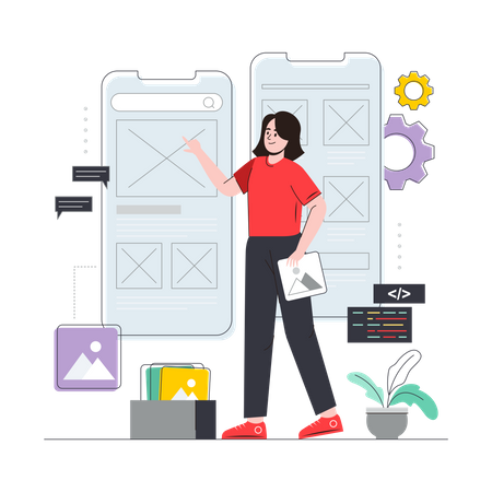 Female UI-UX designer working on application design  Illustration