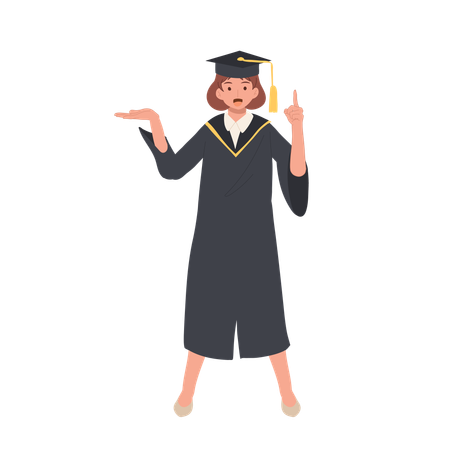 Female University Graduate in Cap and Gown Pointing Up with Advice  Illustration