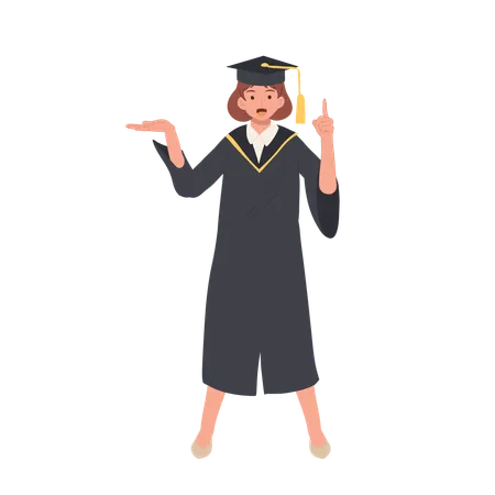 Female University Graduate in Cap and Gown Pointing Up with Advice  Illustration