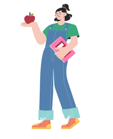 Female university student holding book and Showing Apple  Illustration
