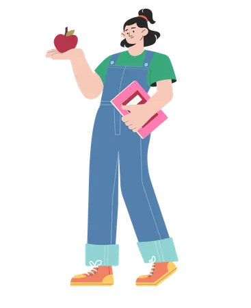 Female university student holding book and Showing Apple  Illustration