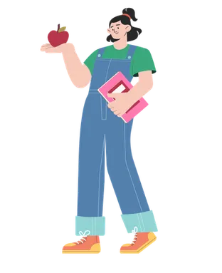 Female university student holding book and Showing Apple