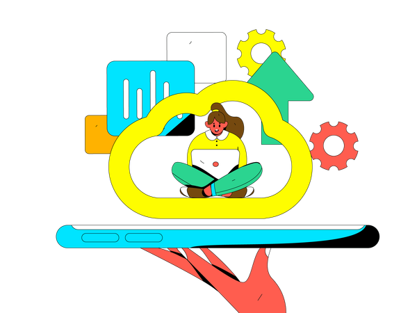 Female uploading data on cloud  Illustration