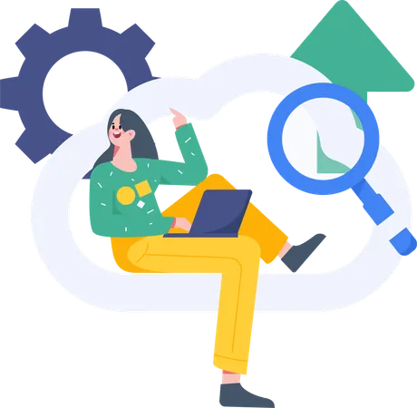 Female uploading data on cloud  Illustration