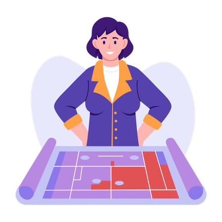 建設地図を使用する女性  イラスト