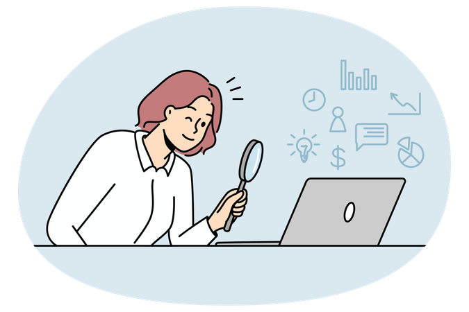 Female using magnifier discover options on internet on laptop  Illustration