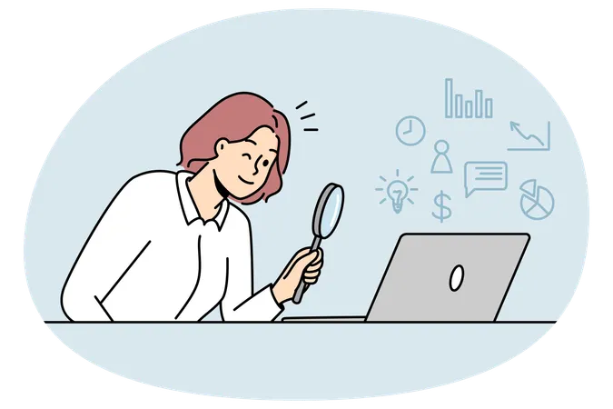 Female using magnifier discover options on internet on laptop  Illustration