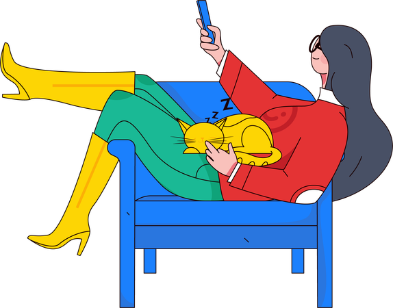 Female using mobile and sitting on sofa with cat  Illustration