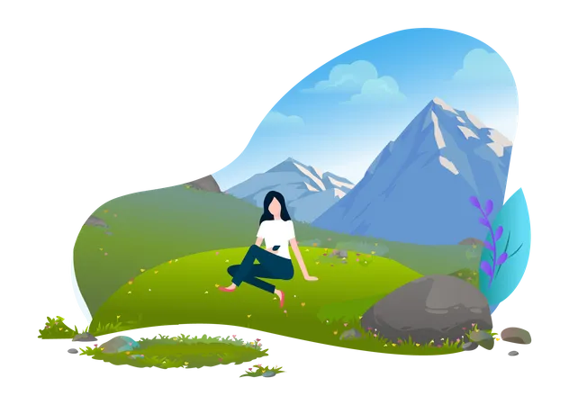Female using mobile on mountain  Illustration
