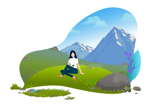 Female using mobile on mountain  Illustration