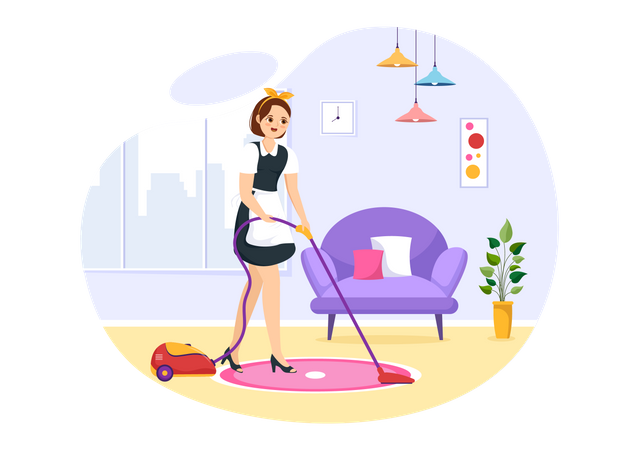 Female vacuuming living room  일러스트레이션