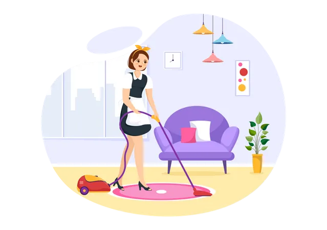 Professional Girl Maid Illustration Of Cleaning Service Wearing Her Uniform With Apron For Clean A House In Flat Cartoon Hand Drawn Templates Illustration